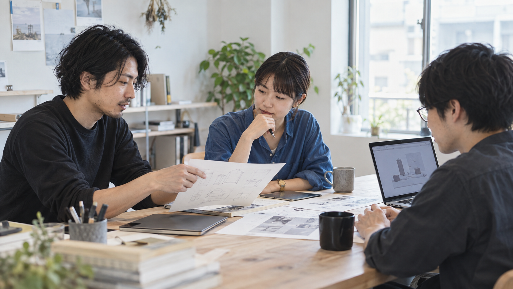 スケッチと試作画面を囲み、アイデアを具体化するために話し合う仕事風景のイメージ