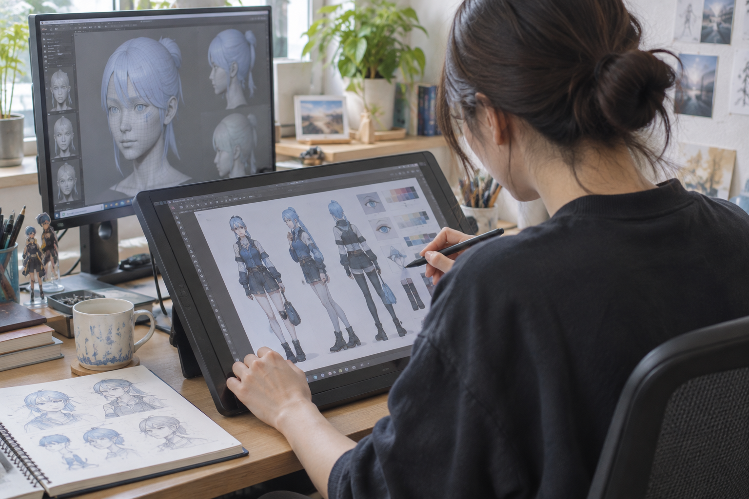 液晶タブレットでキャラクターを描き、モニターで3Dモデルを確認する制作風景のイメージ
