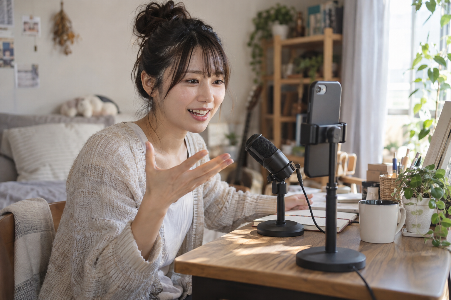 スマートフォンに向かって話しかけ、マイクを使ってライブ配信をする人物のイメージ